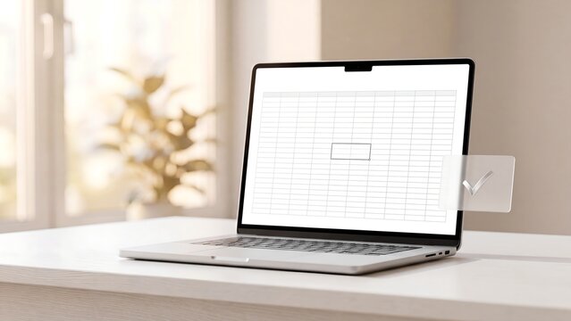 Spreadsheet software and data entry, laptop with blank spreadsheet grid and checkmark symbol on bright office desk, accounting and bookkeeping, data accuracy verification and business record keeping