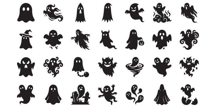 Various spooky ghost silhouettes in a playful Halloween collection with copy space
