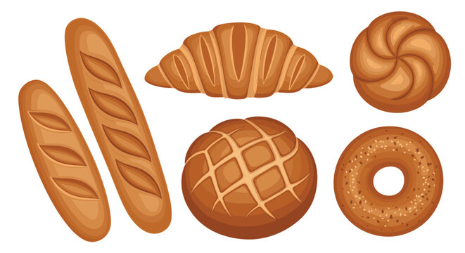 Selection of freshly baked bread varieties including baguettes croissants buns and a seeded round bagel snack.