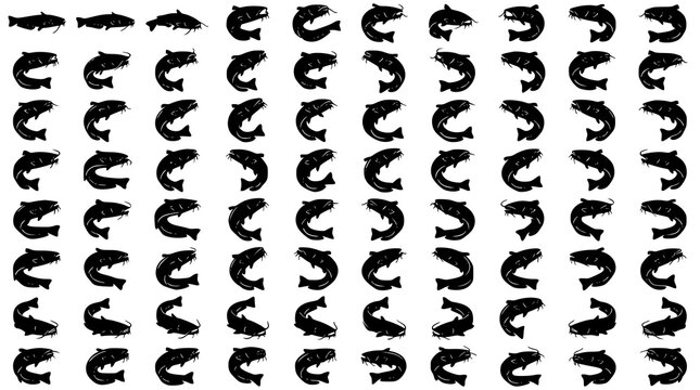 Wels Catfish Jump Silhouette Vector Set with Freshwater Fish Wildlife Illustration