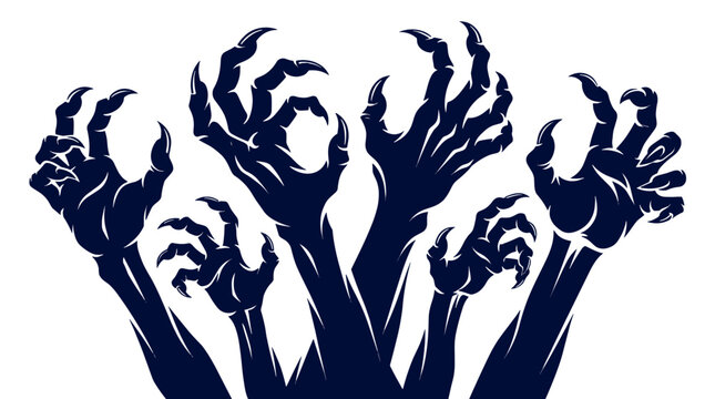 Multiple dark hands reaching upward in a chaotic and eerie manner against a