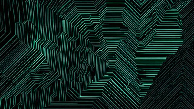 A geometric composition with glowing teal lines, creating an abstract, 3D-like, topographic pattern on black