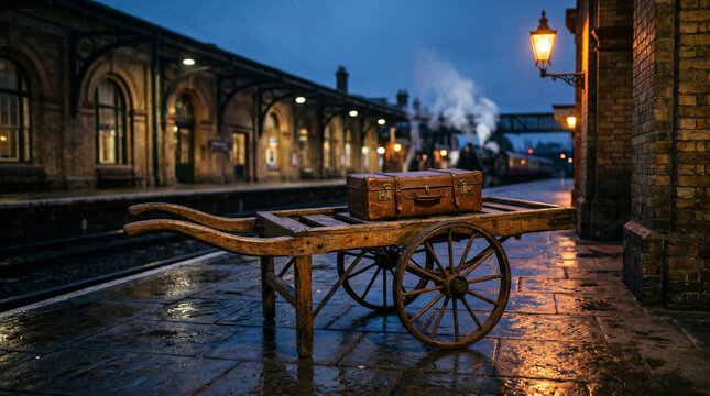 Vintage leather suitcase on a wooden luggage cart at a historic train station platform at dusk