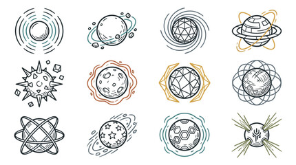 Industrial Sketch Style Space and Science Themed Icons Set with Abstract Planets Rings Atoms and Molecular Structures in Monochrome and Colored Lines © Tobel