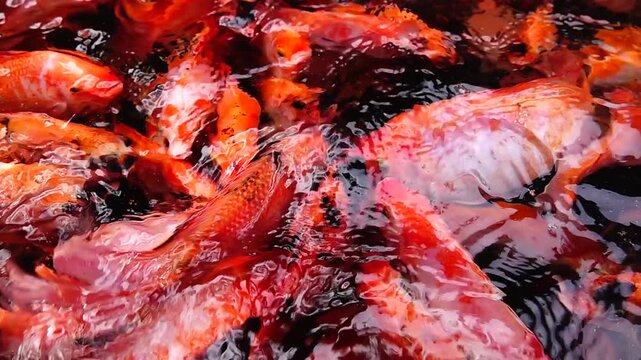 Supper Slow HD 240fps A detailed top-down view of bright orange and red fish moving continuously under the water surface.