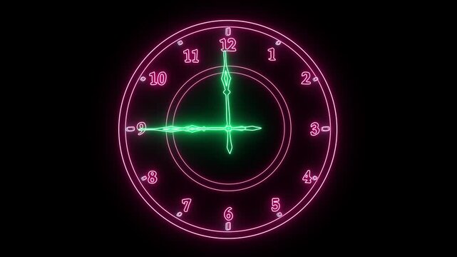 The clock face is purple, the green hands are Arabic numerals, the 9 o'clock hands are in motion, the black screen. Computer graphics.
