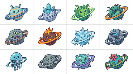 Industrial Style of Whimsical Space Themed Creatures with Planetary Rings and Unique Designs with high quality professional line art symbols for modern creative design and digital branding projects © Tobel