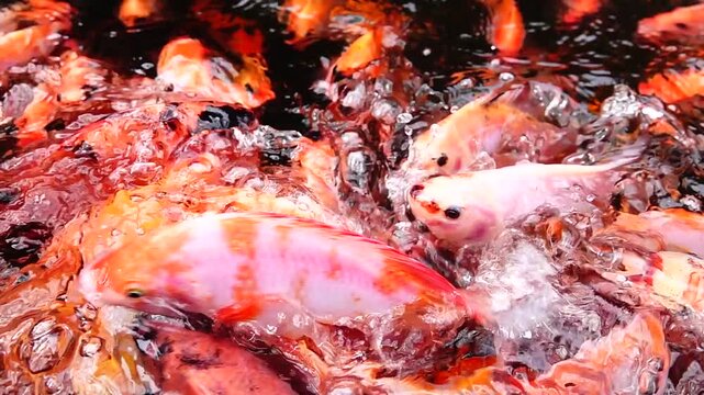 Supper Slow HD 240fps A detailed top-down view of bright orange and red fish moving continuously under the water surface.