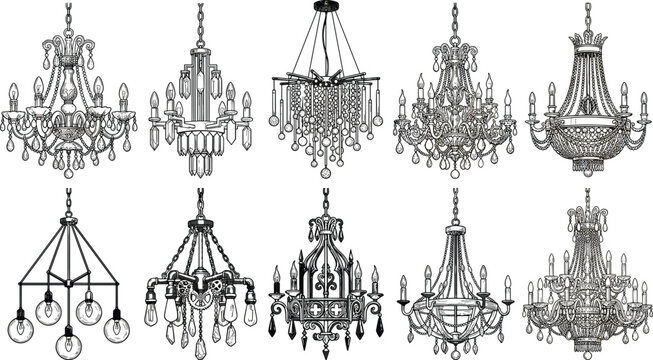 Hand drawn set of luxurious crystal chandeliers and modern vintage pendant lighting fixtures