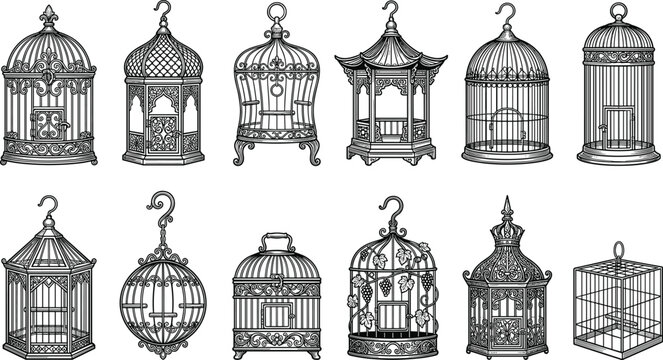 PrHand drawn set of vintage birdcages with ornate decorative patterns and classic metal designsint