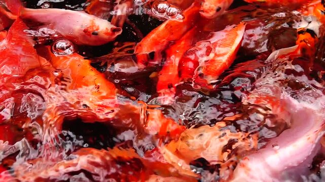 Supper Slow HD 240fps A detailed top-down view of bright orange and red fish moving continuously under the water surface.