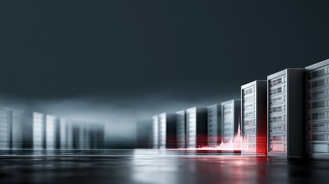 Multiple server racks align in a dark farm, an active node projects a holographic data spike graph