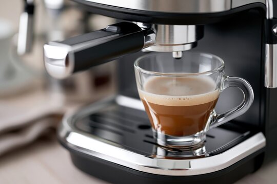 An elegant espresso machine brews rich coffee into a clear glass cup with crema