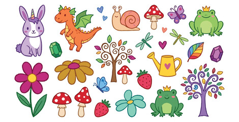 Obraz premium Set of cute cartoon magical animals and elements, forest characters, vector illustration collection.