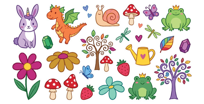 Set of cute cartoon magical animals and elements, forest characters, vector illustration collection.