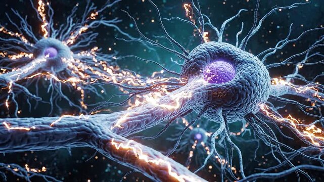 Abstract neural network pulsing with electric energy in dark deep space with glowing connections