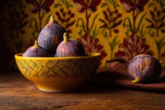 Empty yellow patterned bowl on a wooden surface, red fabric draped. Vibrant floral wall behind
