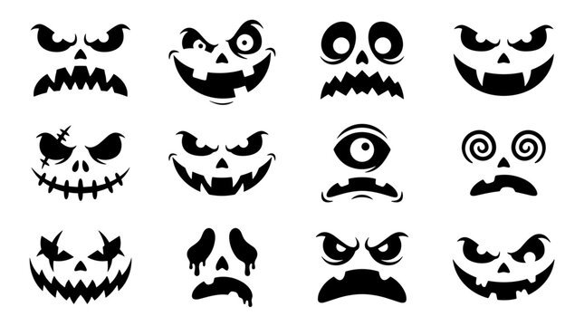 Collection of various spooky and scary halloween faces with different expressions and styles