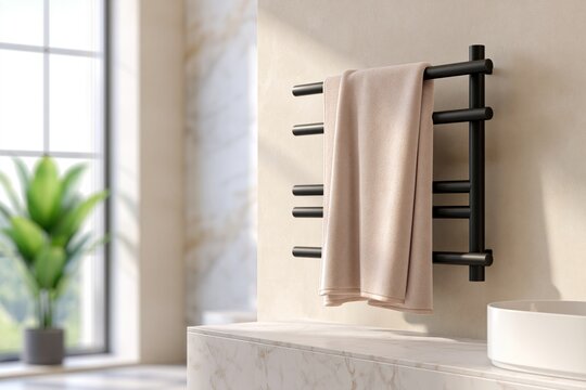 Matte black towel radiator heating soft beige towels in a contemporary bathroom with marble accents