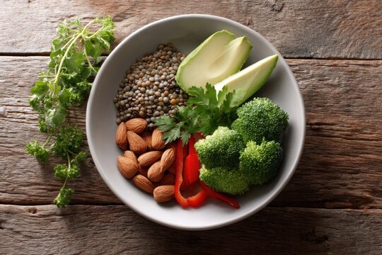 A balanced meal with lentils, broccoli, avocado, and almonds is set on a wooden table