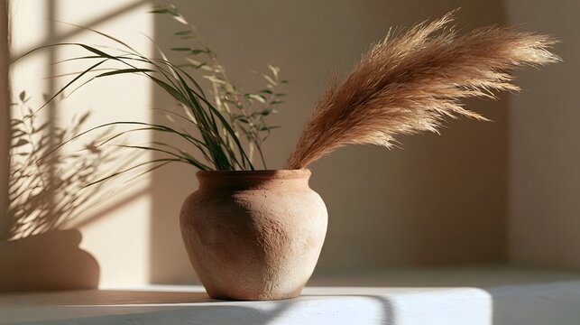 A rustic terracotta pot holds dried pampas grass and greenery on a sunlit shelf casting soft shadows