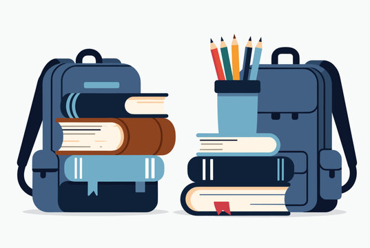 Two blue school backpacks standing next to stacks of colorful textbooks and a pencil holder filled with vibrant pencils.