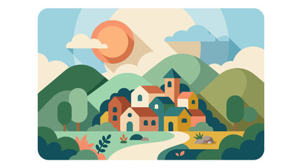Fototapeta premium A colorful flat design illustration of a small quaint village nestled among rolling green hills.