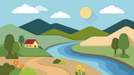 Obraz premium A serene flat vector illustration of a cozy cottage house beside a flowing river in a lush green valley.