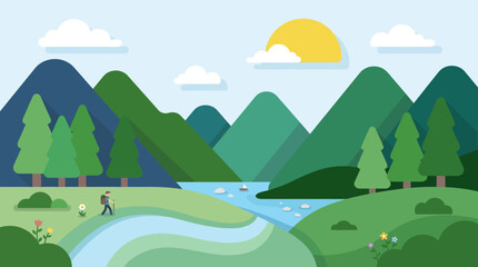 Obraz premium A small hiker walking along a winding river in a flat design mountain landscape.
