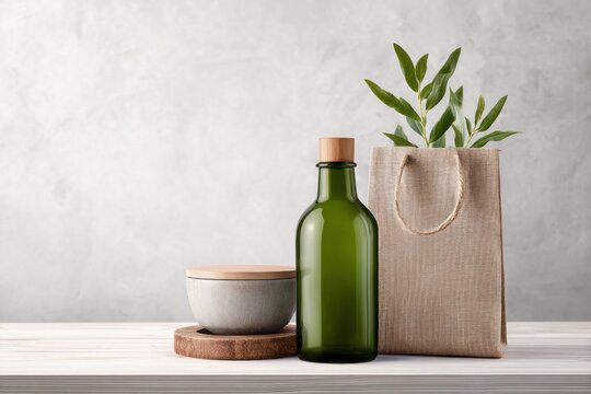 Green glass bottle, lidded ceramic bowl, and burlap bag with leaves rest on a white wooden table
