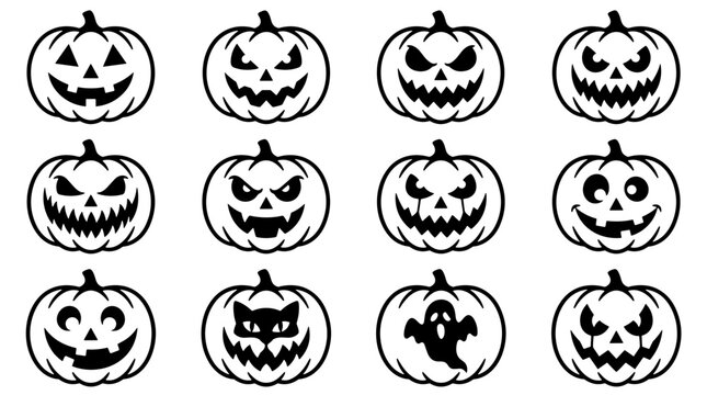 Collection of various cartoon halloween pumpkins with different facial expressions and styles