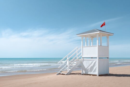 A white wooden lifeguard tower with a red flag overlooks the vast ocean and sandy beach