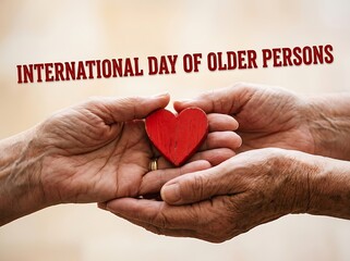Caring hands holding a red heart shape for international day of older persons celebration concept