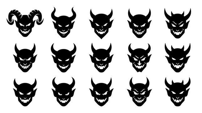 Collection of black demon faces with horns and fierce expressions arranged in rows