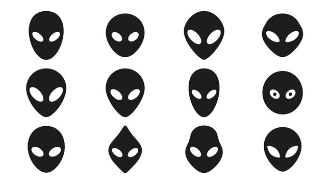 Set of 12 alien head icons with different shapes and expressions in black silhouette style