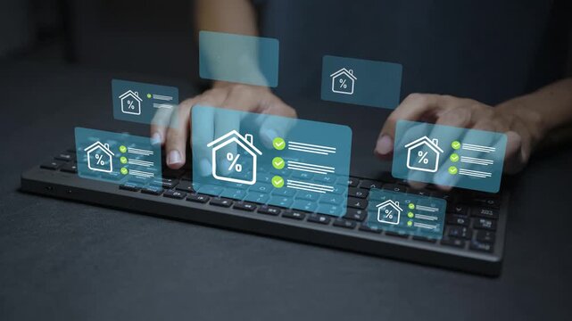 Digital home mortgage approval concept. Person typing keyboard with housing finance and loan approval icons, mortgage interest rates, document verification and lending assessment.