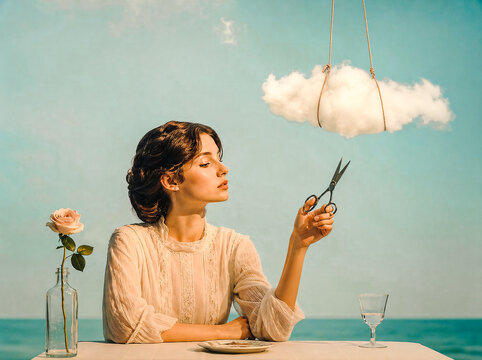 Femme tenant des ciseaux pour couper les ficelles qui retiennent un nuage