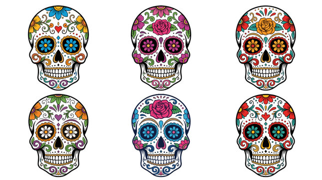 Set of six colorful sugar skulls with floral and geometric patterns for day of the dead celebration