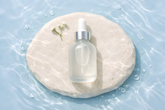 Cosmetic Serum Dropper Bottle on Stone Podium in Rippling Water with Blue Background
