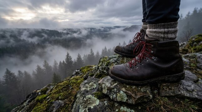 Hiking boots on rock above misty pine forest.