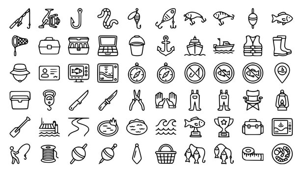 Simple Fishing Line Icon Set &ndash; Editable Stroke Fisherman Equipment Vector Icons