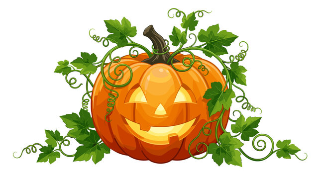 Halloween pumpkin with carved face and green vine leaves