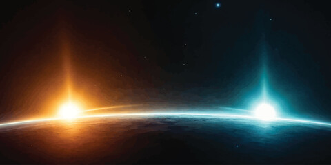 Dual suns sunrise over planet horizon with contrast light science fiction universe astronomy celestial exploration spacecraft atmosphere extraterrestrial astrophysics infinity dramatic © jr graphics