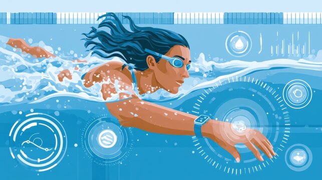 A woman swims in a pool with a smart ring on her finger that glows underwater, showing swim data and lap counts with tech icons