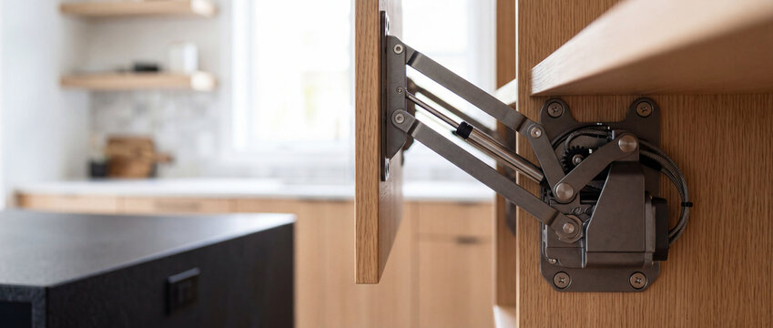 Hidden soft-close cabinet hinge mechanism in modern kitchen shelf installation and lift hardware detail