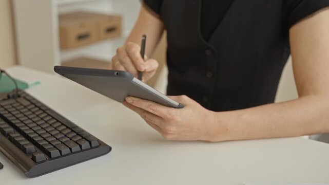 Woman writing on tablet with stylus, hand holding device at office desk in building; concentration productivity.