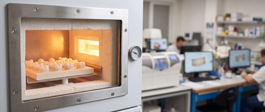 Dental laboratory ceramic furnace with porcelain crowns being fired by technicians in modern lab