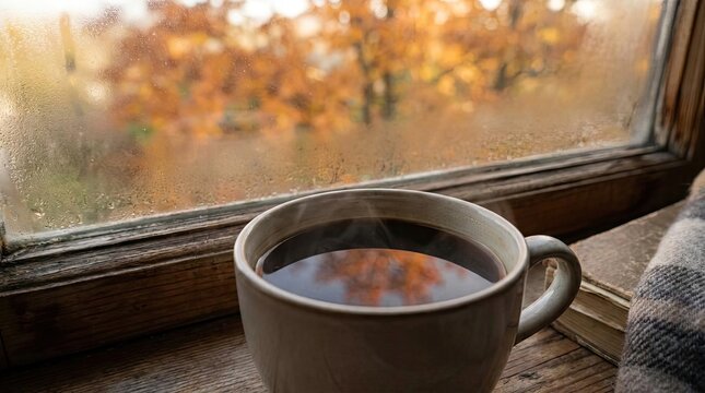 Hot coffee on autumn windowsill