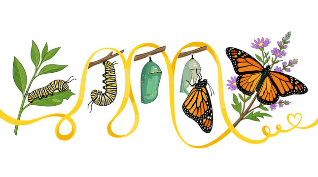 Illustration of various stages of butterfly metamorphosis from caterpillar to adult butterfly