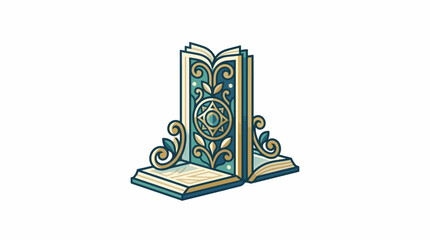 An intricately designed open book with yellow, blue, and orange swirling patterns on its cover stands on a surface with curled flourishes. © Nurin